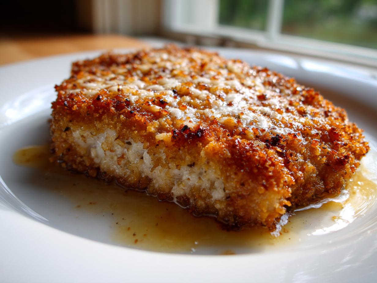 Close-up of a perfectly golden and crispy steakhouse parmesan chicken fillet resting in its pan juices.