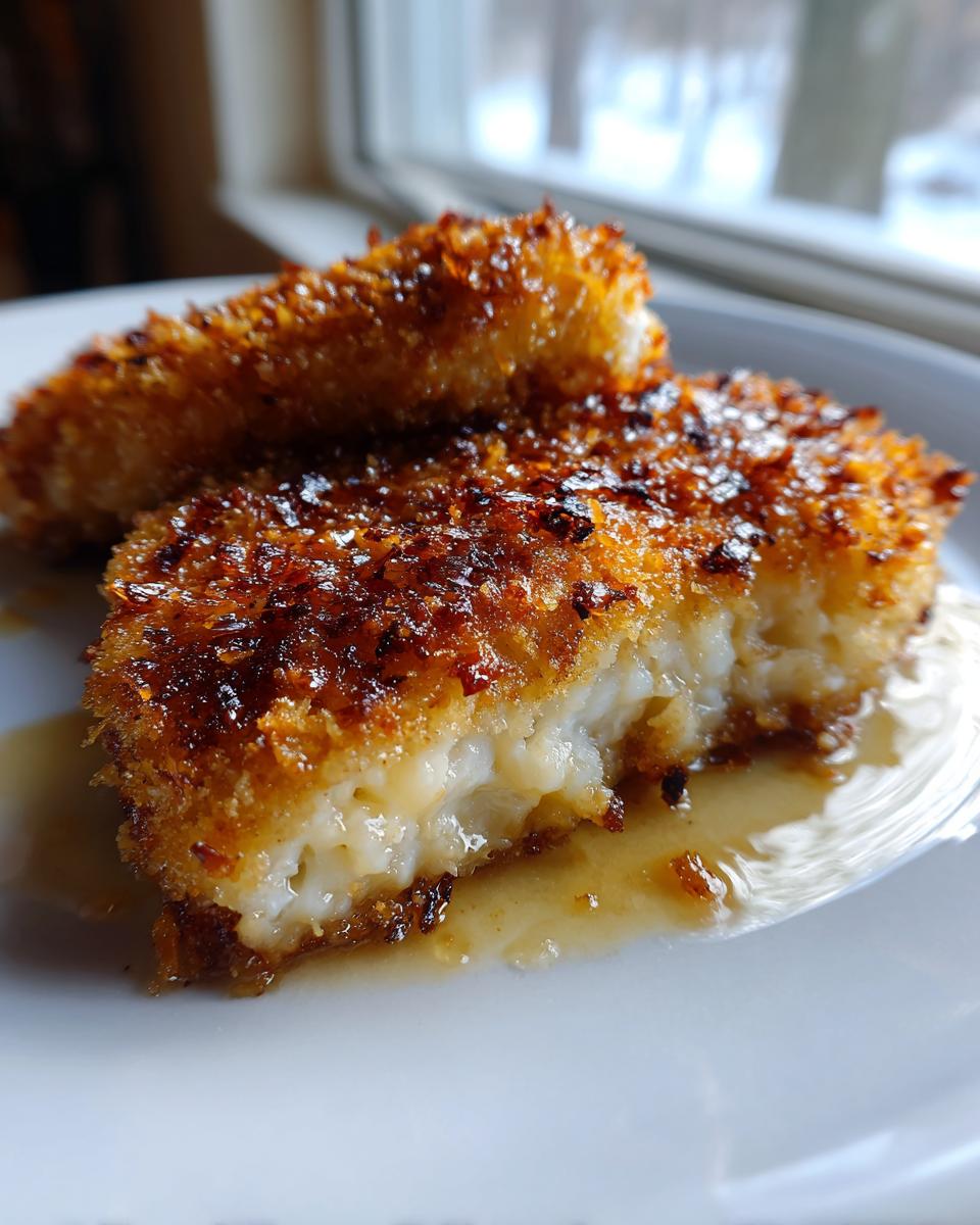 Close-up of crispy steakhouse parmesan chicken cut open, showing the juicy white interior and golden crust.