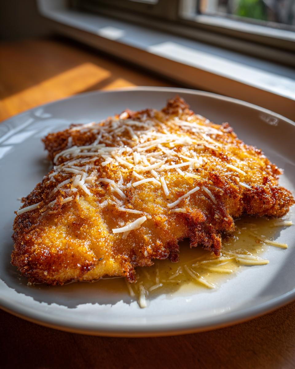 A golden brown, crispy steakhouse parmesan chicken cutlet topped with shredded cheese, resting in a pool of pan sauce.