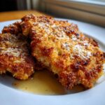 Two golden brown, crispy steakhouse parmesan chicken cutlets topped with melted cheese, resting in pan juices.
