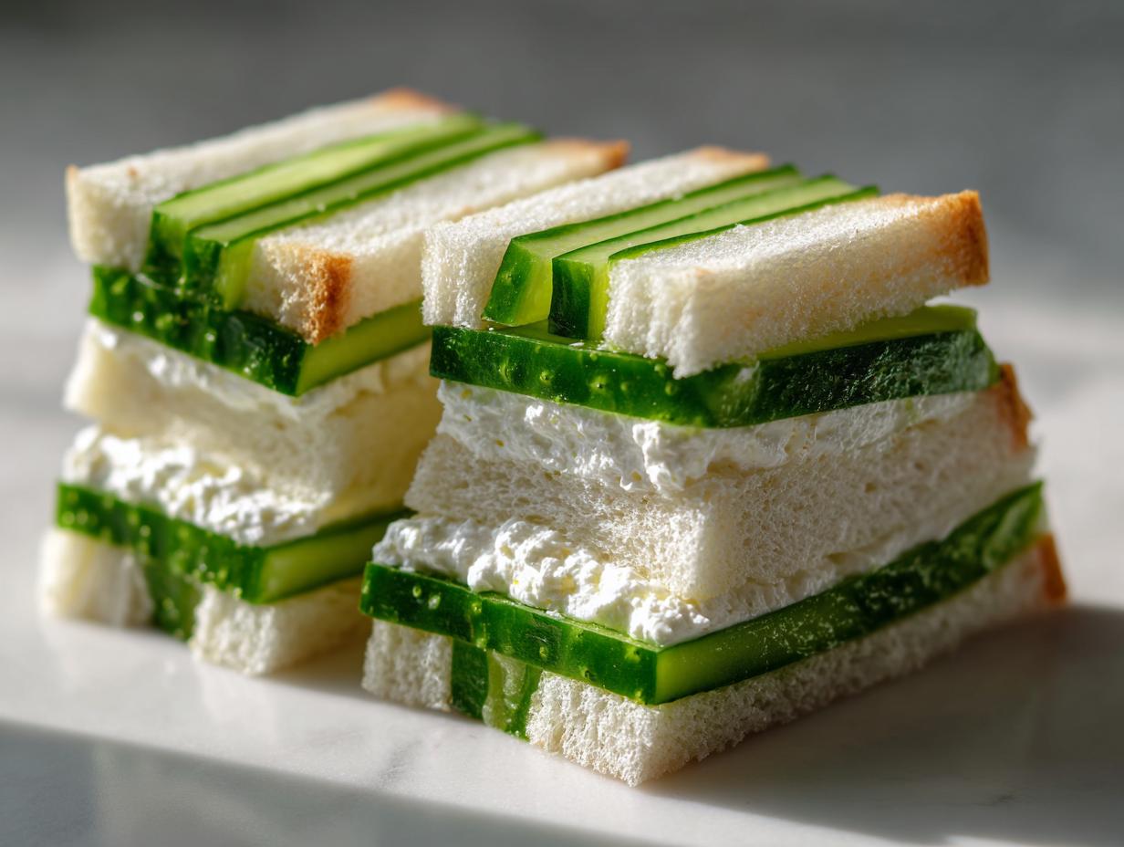 Two stacks of elegant cucumber sandwiches featuring white bread, cream cheese spread, and thinly sliced green cucumbers.