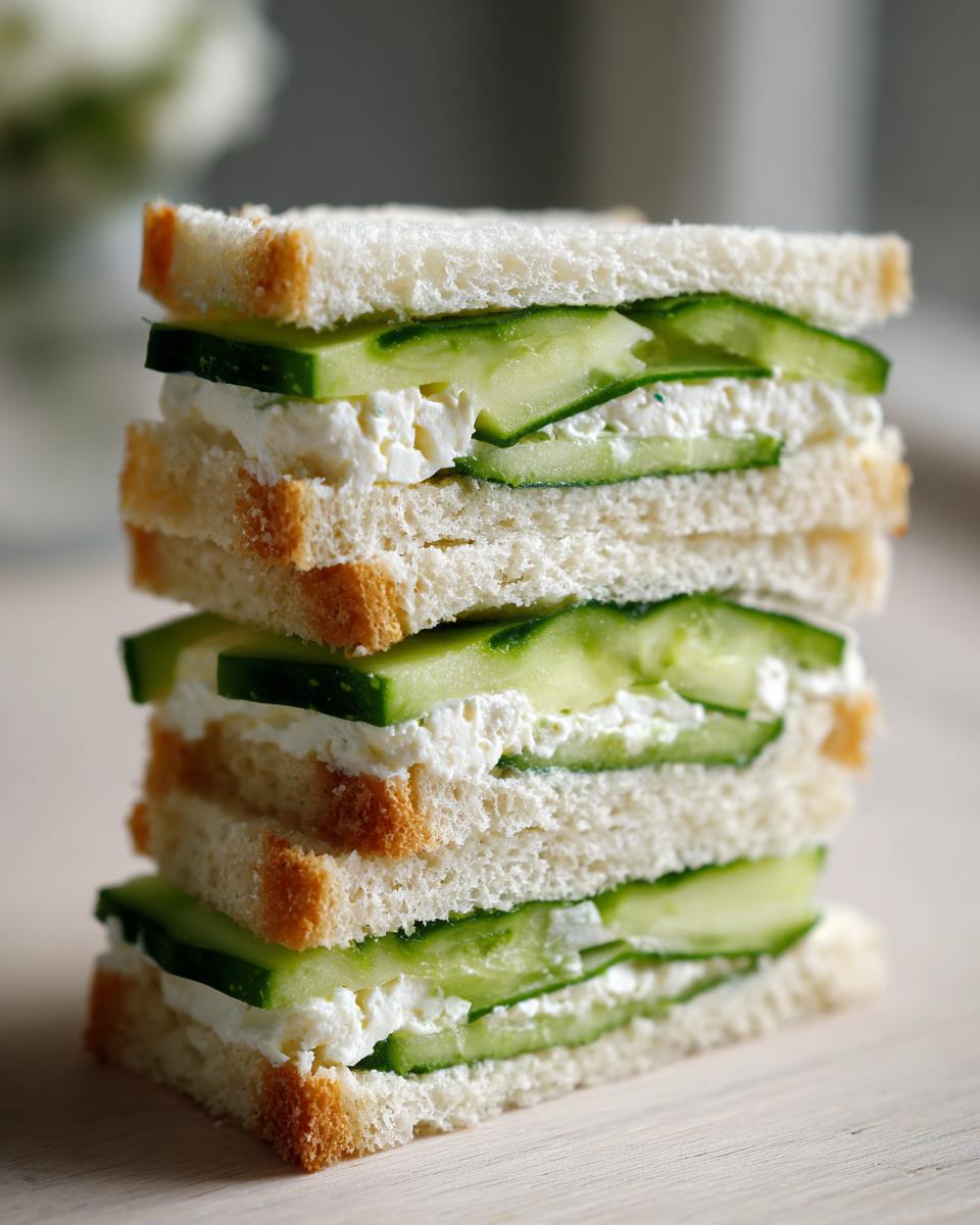 A vertical stack of three cut cucumber sandwiches, showing layers of white bread, cream cheese, and thin cucumber slices.