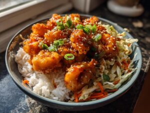 A close-up of a bang bang shrimp bowl featuring crispy, sauced shrimp over white rice and coleslaw, garnished with green onions and sesame seeds.