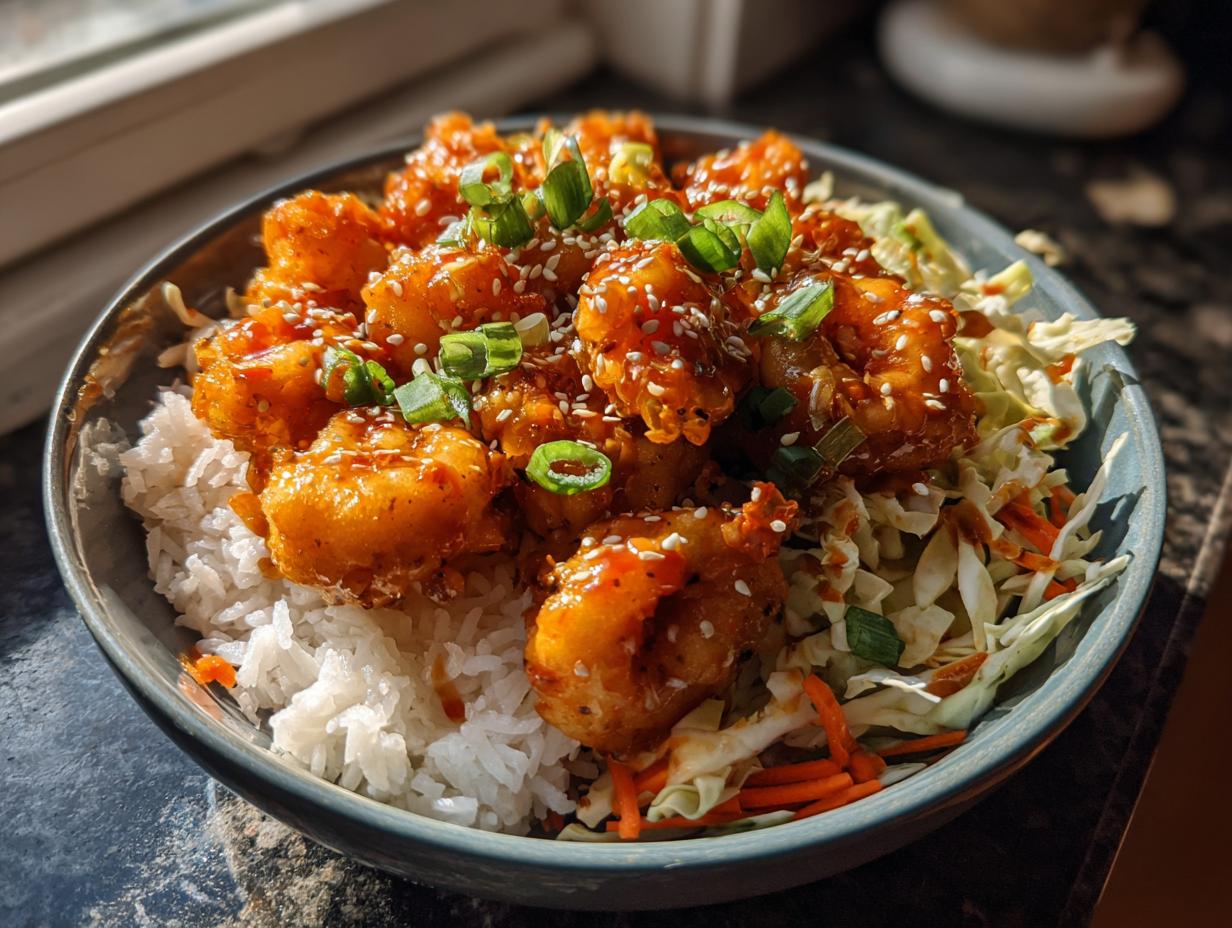 A close-up of a bang bang shrimp bowl featuring crispy, sauced shrimp over white rice and coleslaw, garnished with green onions and sesame seeds.