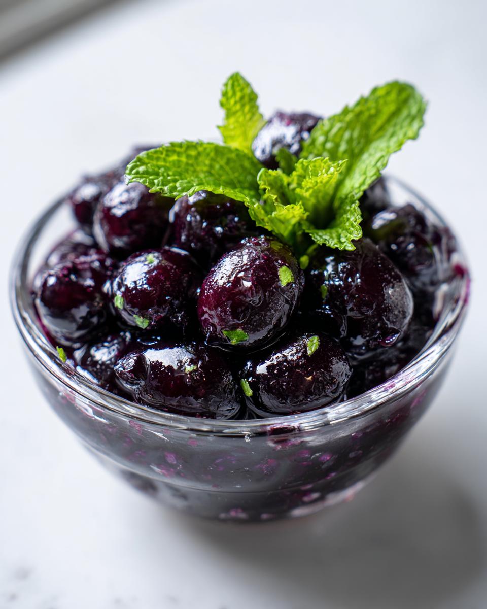 Close-up of a small glass bowl filled with glistening fermented blueberries with mint mixed in and topped with fresh mint sprigs.