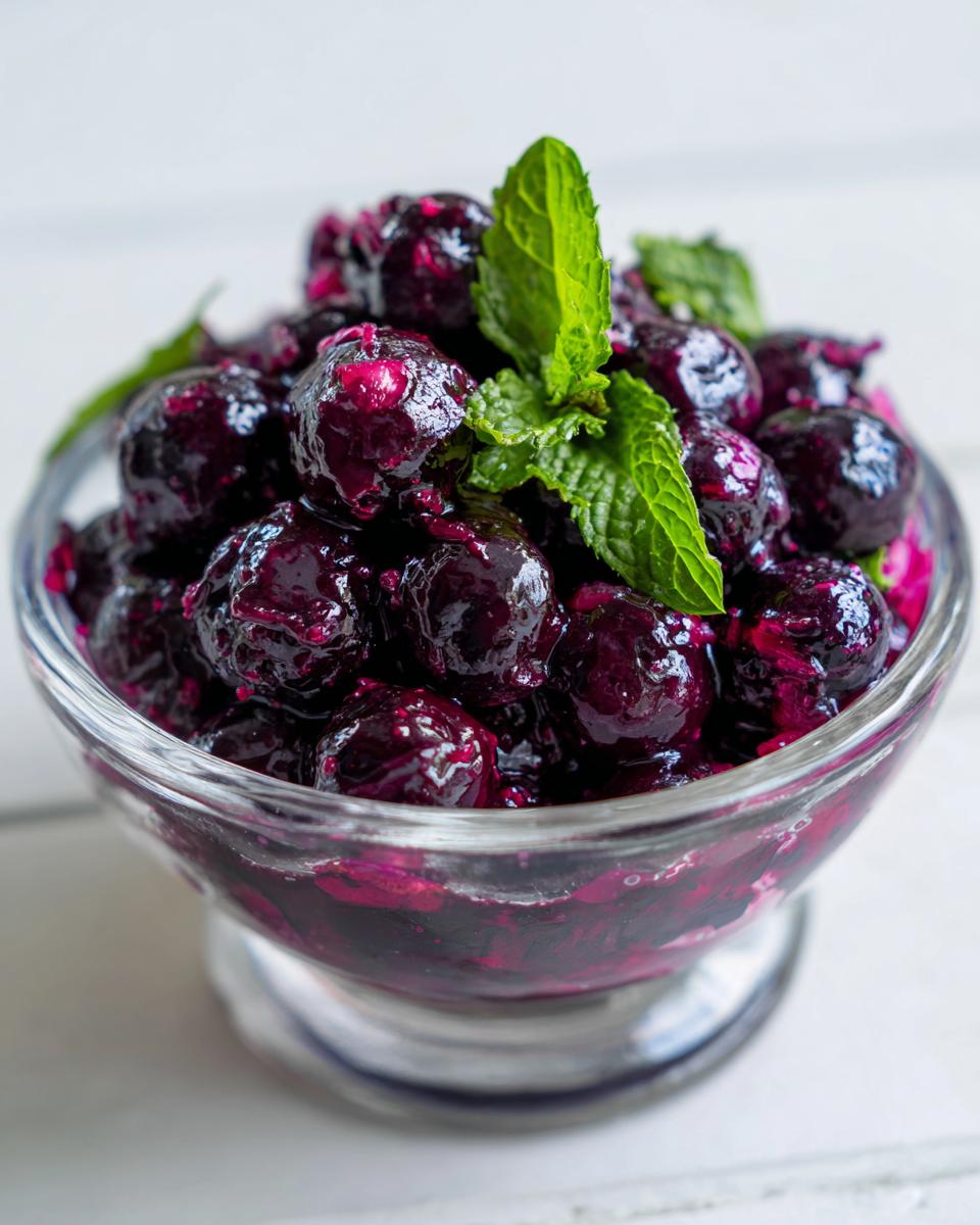 A glass bowl filled with glistening fermented blueberries with mint sprigs on top.
