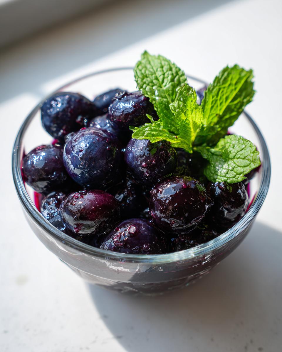 A small glass bowl filled with glistening fermented blueberries with mint sprigs on top.