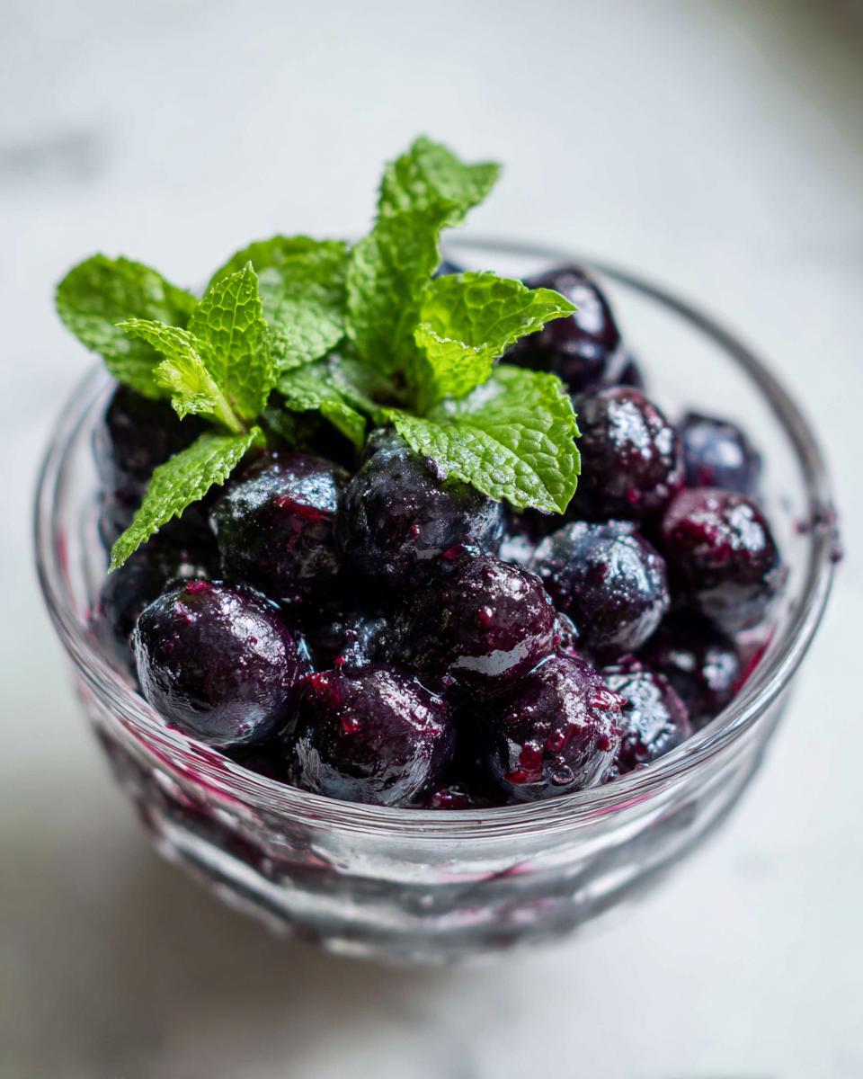 Close-up of glistening fermented blueberries with mint sprigs on top in a small glass bowl.