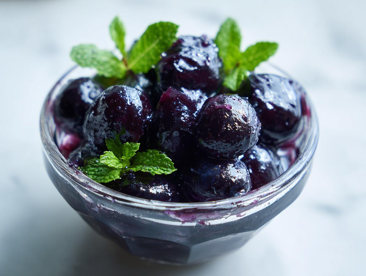 Close-up of glistening fermented blueberries with mint sprigs in a small glass bowl.
