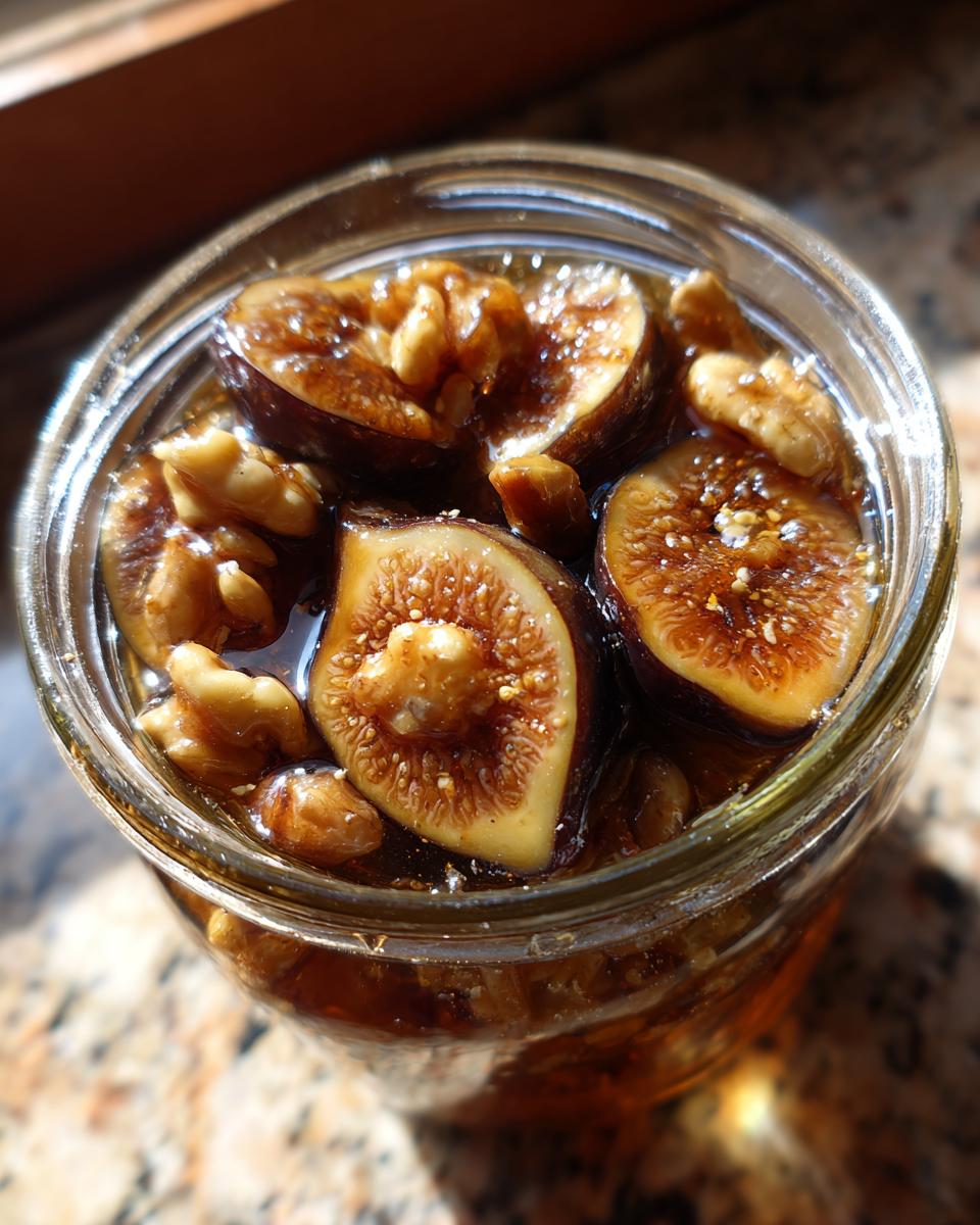 Close-up overhead view of sliced figs and walnuts submerged in liquid inside a glass jar, showcasing the fermented figs and walnuts.
