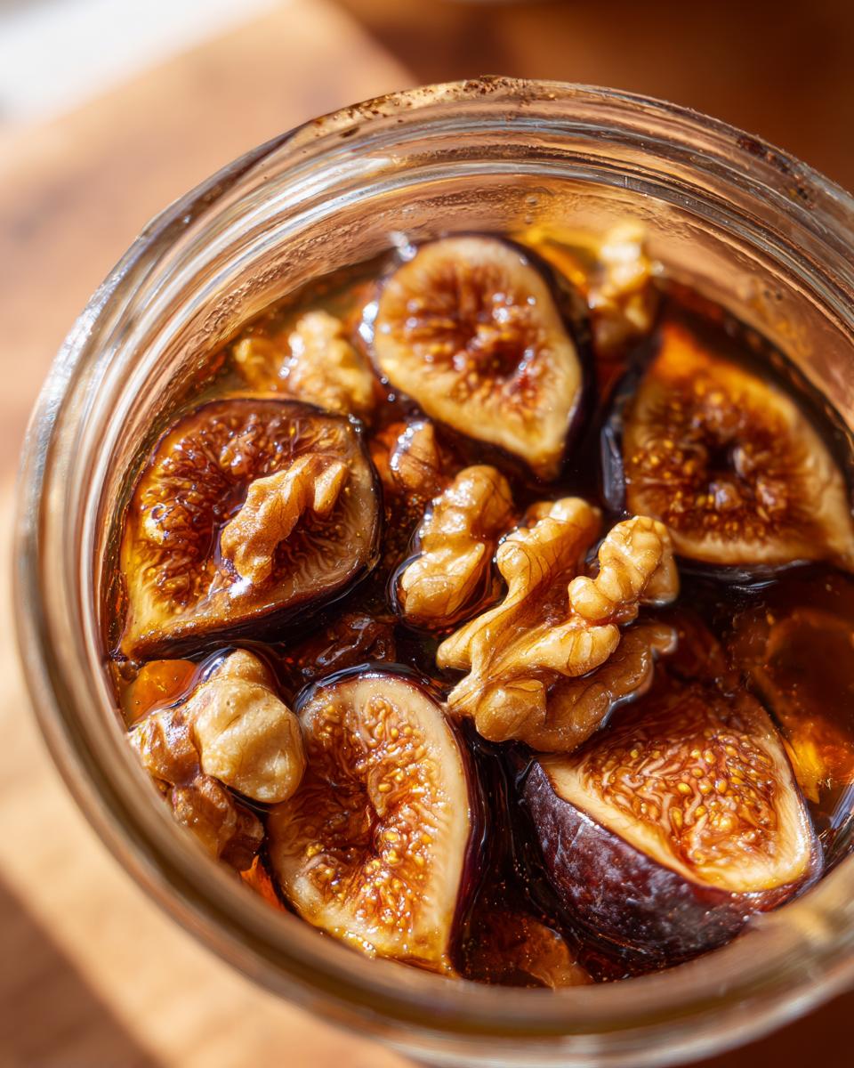 Overhead close-up of sliced figs and whole walnuts soaking in a dark, syrupy liquid for fermented figs and walnuts.