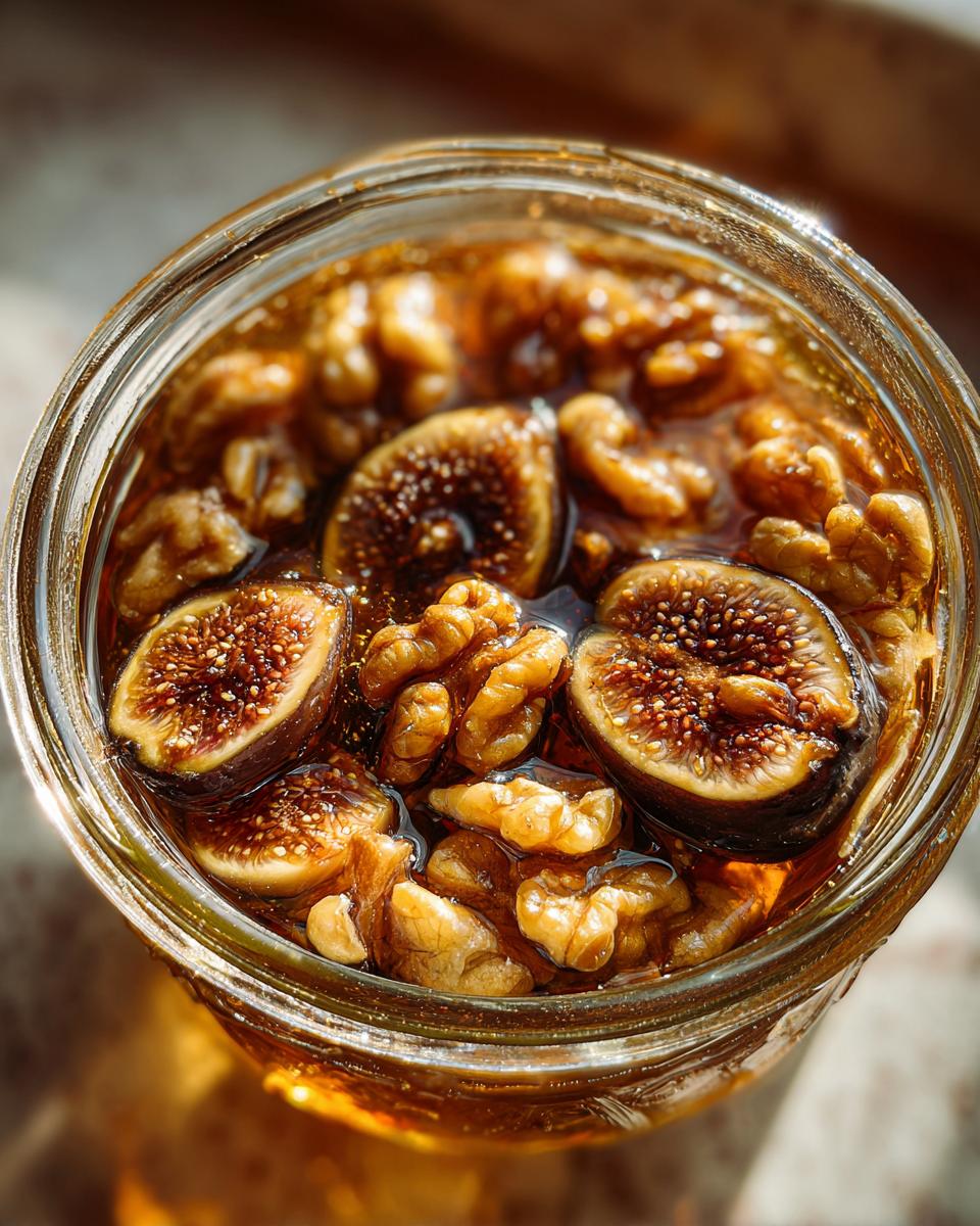 Overhead view of halved figs and walnuts soaking in liquid for fermented figs and walnuts in a glass jar.