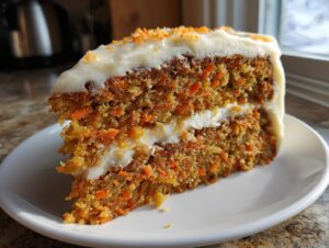 A thick slice of moist carrot cake recipe showing visible shreds of orange carrot, layered with cream cheese frosting.