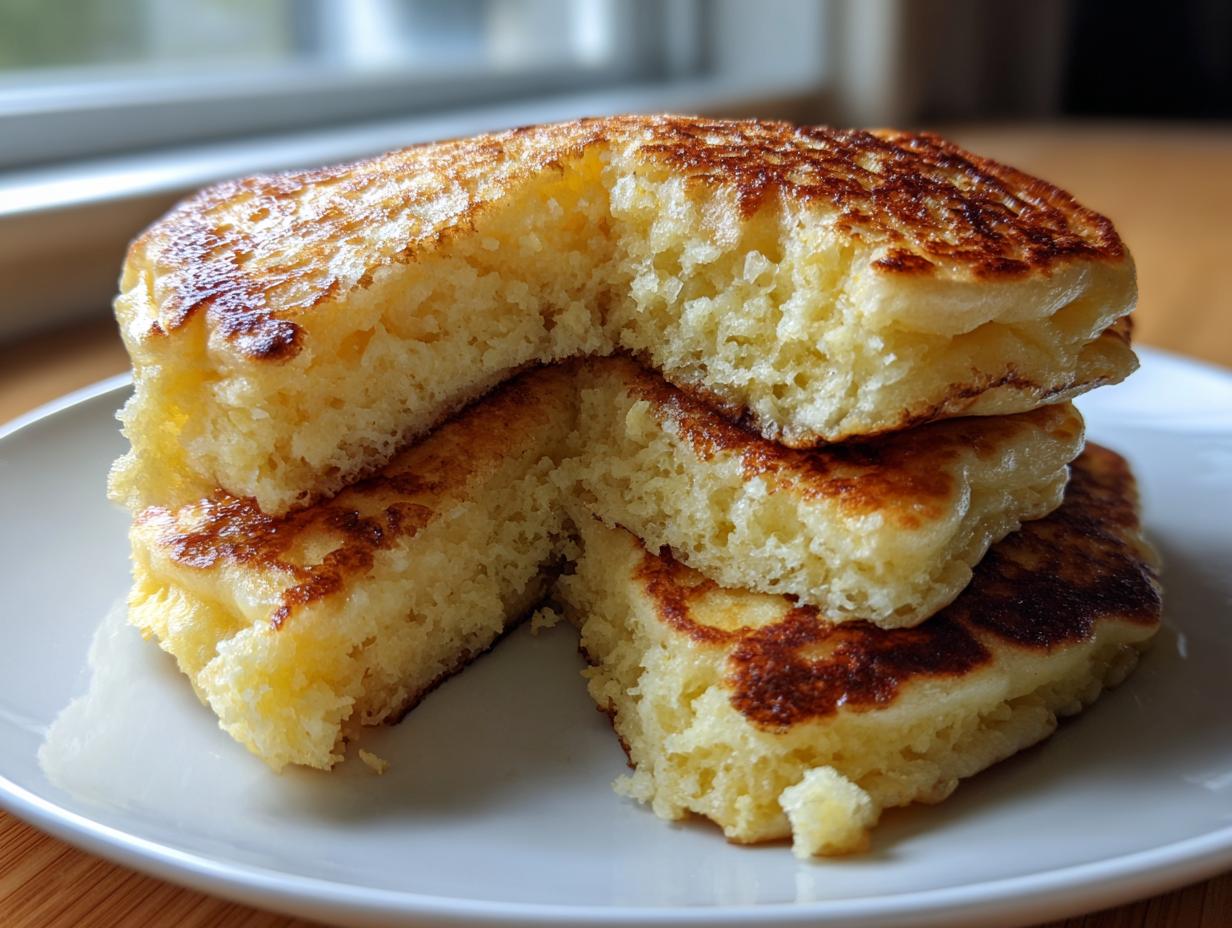 Close-up of fluffy buttermilk pancakes stacked and cut open to show the light, airy interior texture.