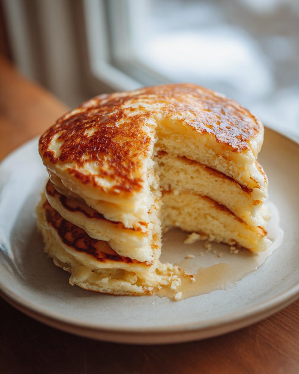 A tall stack of fluffy buttermilk pancakes with a slice removed, drizzled with syrup on a light plate.