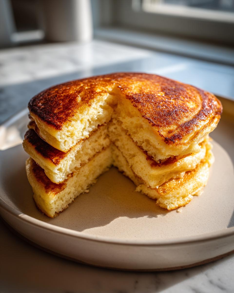 Close-up of a tall stack of fluffy buttermilk pancakes, showing the light, airy interior texture.