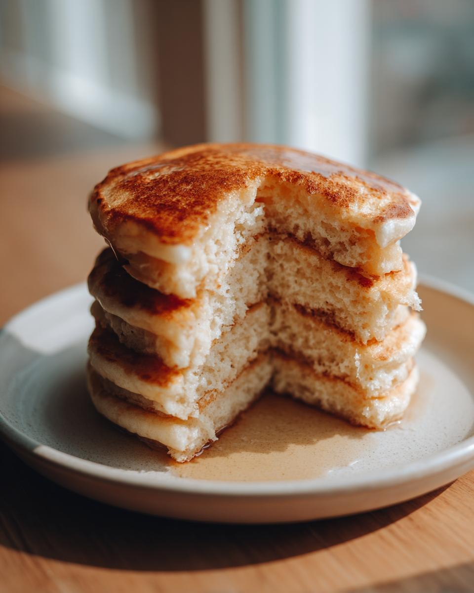 A stack of four fluffy buttermilk pancakes with a slice cut out to show the airy interior, drizzled with syrup.