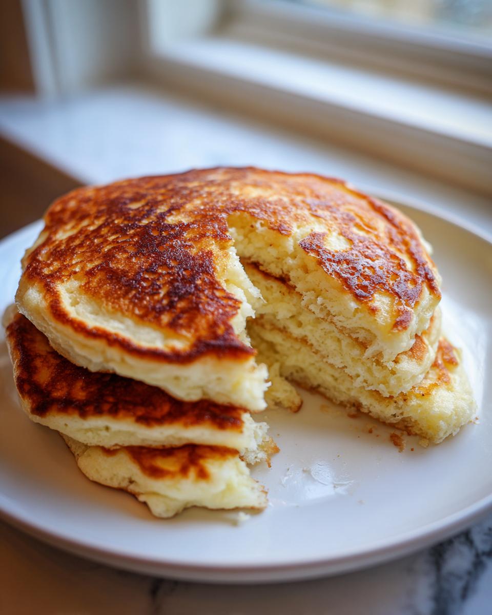 A stack of three incredibly fluffy buttermilk pancakes with a piece cut out, showing the airy interior.