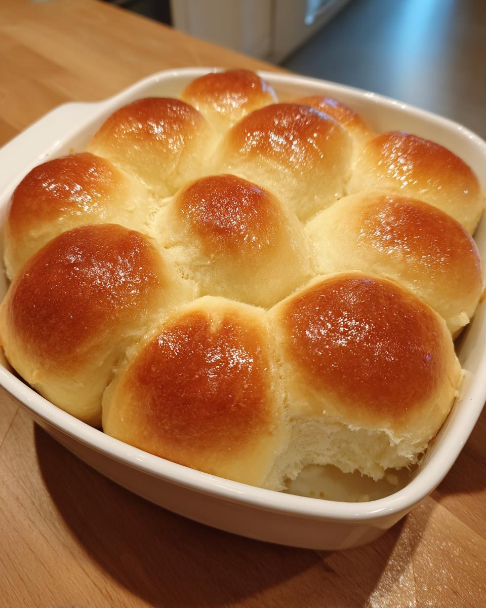 A close-up of golden brown, glossy fluffy dinner rolls baked together in a white ceramic dish.