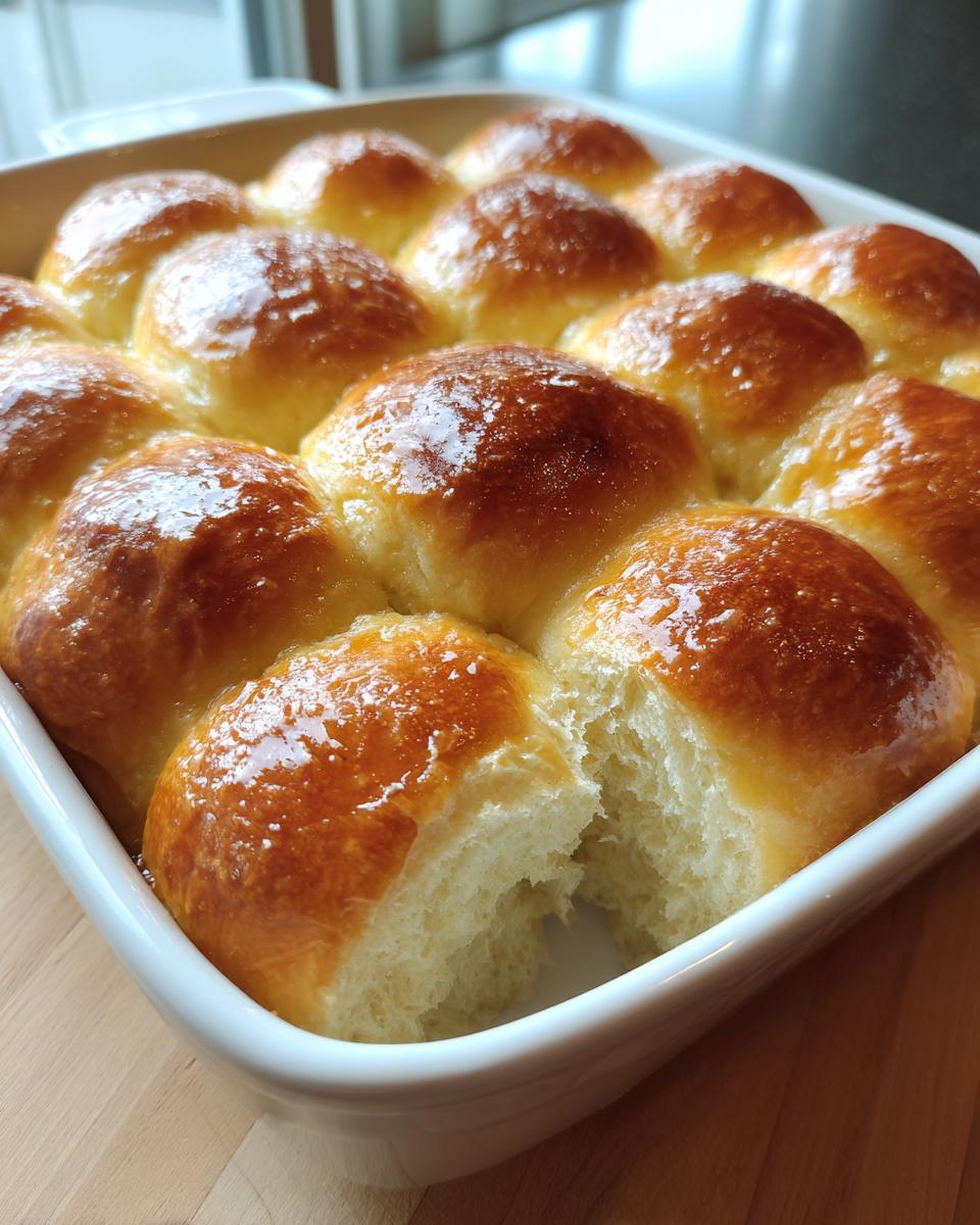 A close-up of golden brown, glossy fluffy dinner rolls baked together in a white square dish, one roll pulled apart showing the soft interior.