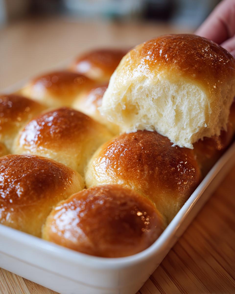 A hand pulling apart one of the golden brown, glazed fluffy dinner rolls from a white baking dish.