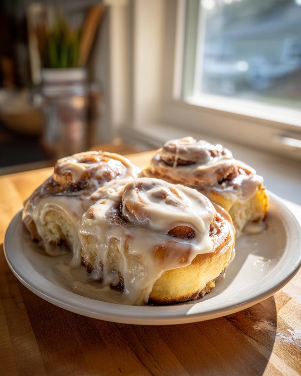 Three freshly baked gluten-free cinnamon rolls generously topped with white cream cheese icing, sitting on a white plate.