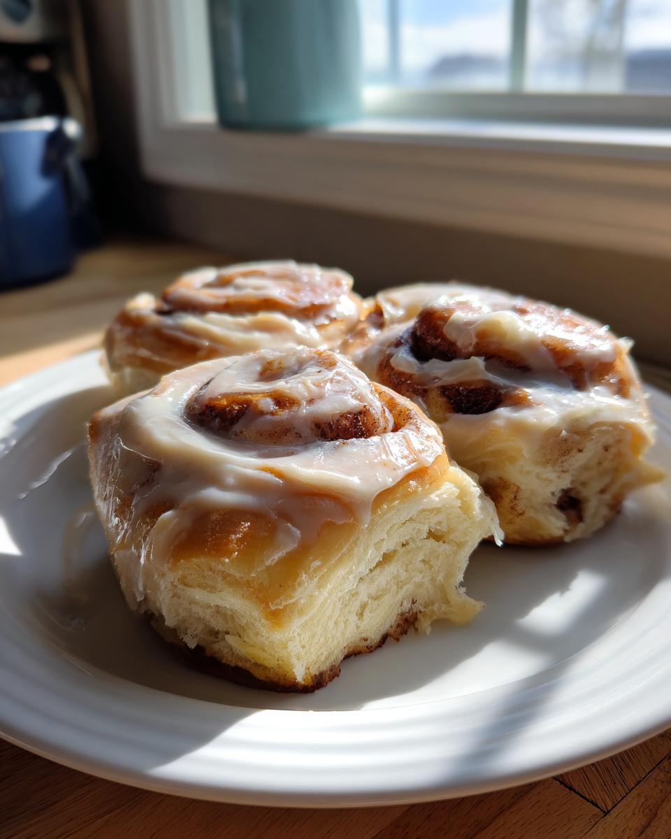 Three fluffy gluten-free cinnamon rolls topped with white icing, sitting on a white plate near a sunny window.