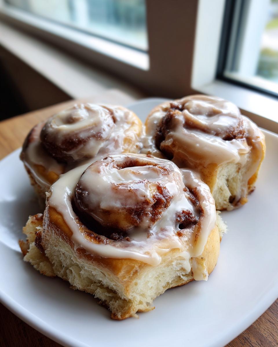 Three fluffy gluten-free cinnamon rolls topped with thick white icing on a white plate.