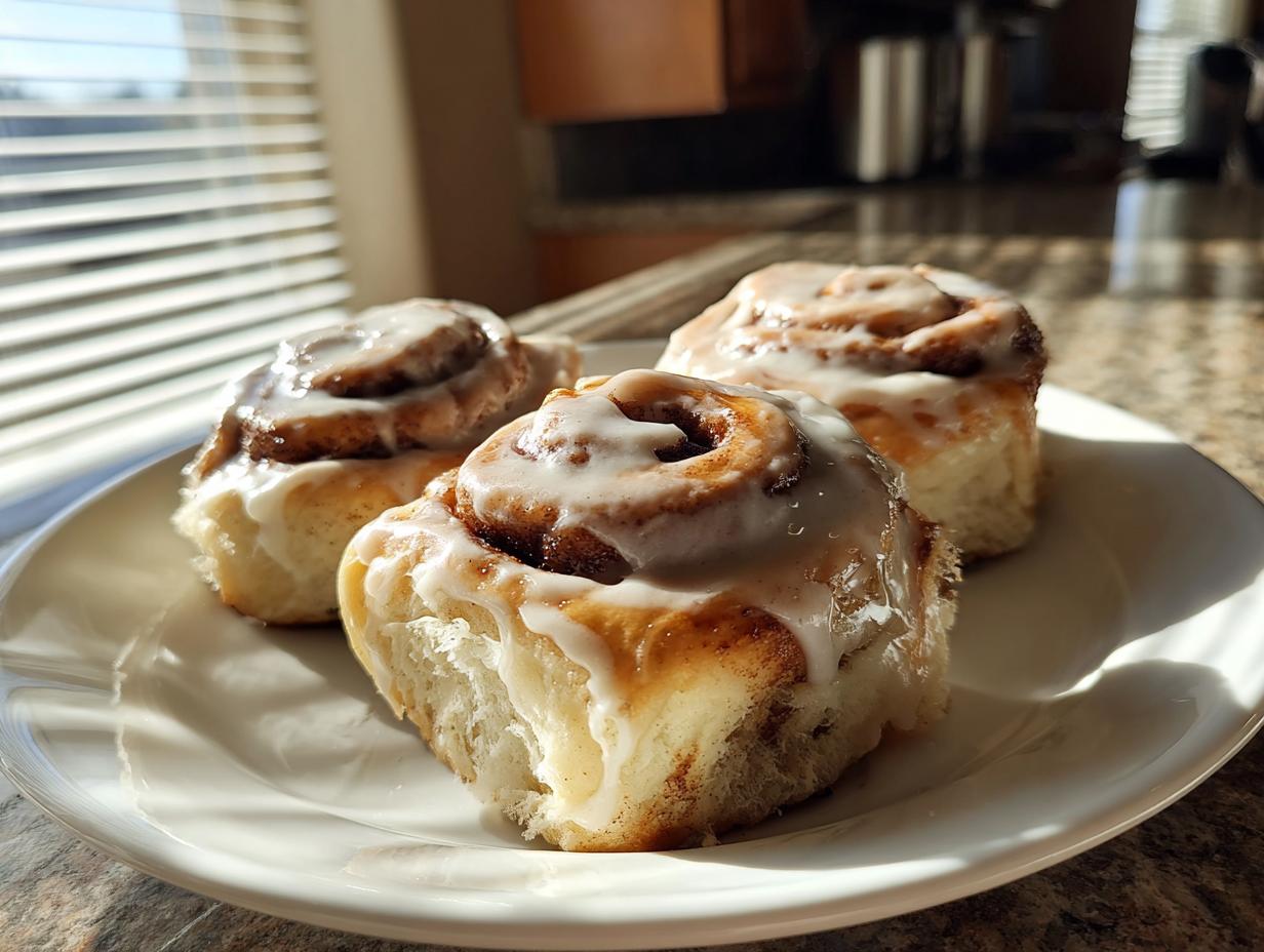 Three fluffy gluten-free cinnamon rolls generously topped with white icing, sitting on a white plate.