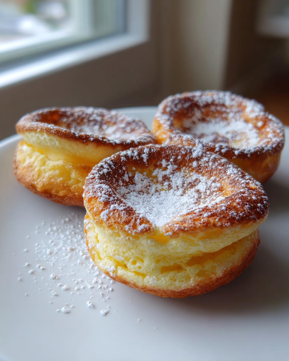Three fluffy mini dutch baby pancakes dusted generously with powdered sugar on a white plate.