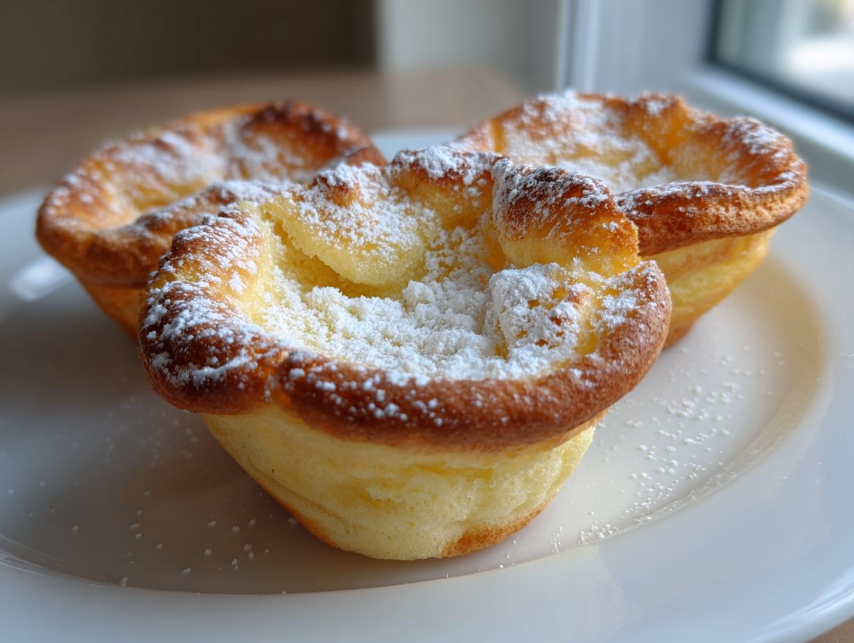 Three golden brown mini dutch baby pancakes dusted heavily with powdered sugar on a white plate.