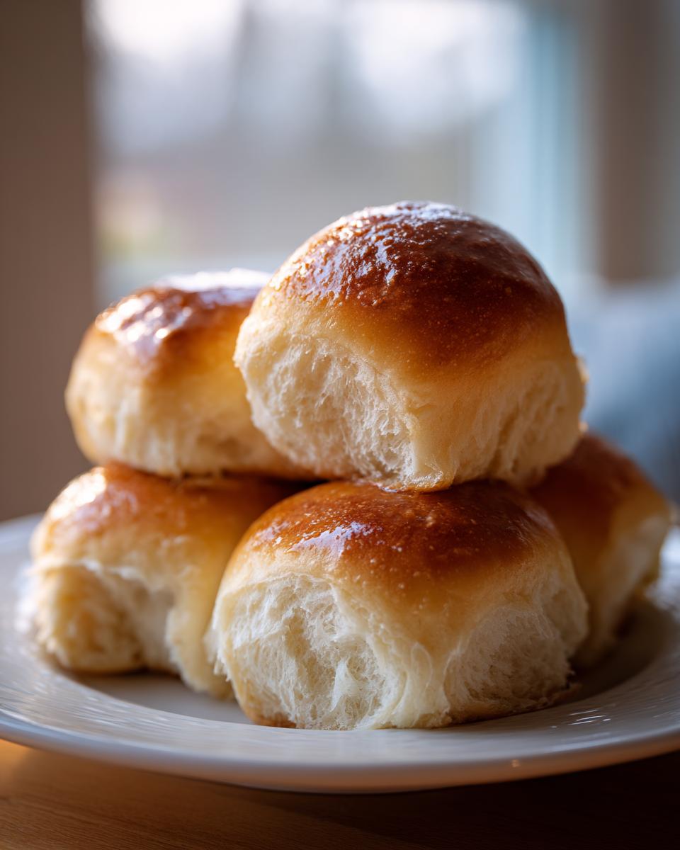 A stack of golden-brown, glossy sourdough dinner rolls with a soft, fluffy interior visible.