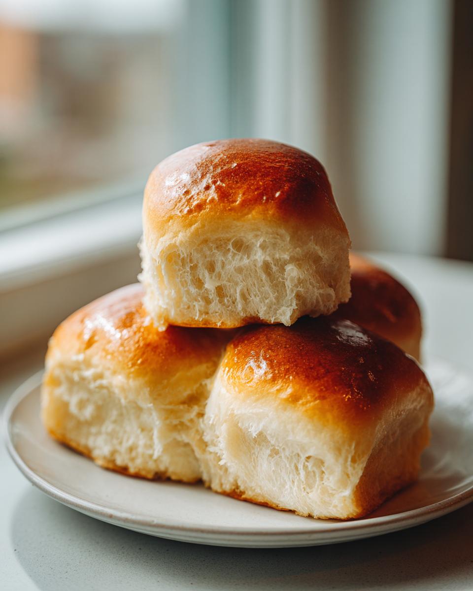 A close-up of three golden-brown, shiny sourdough dinner rolls stacked on a small white plate.