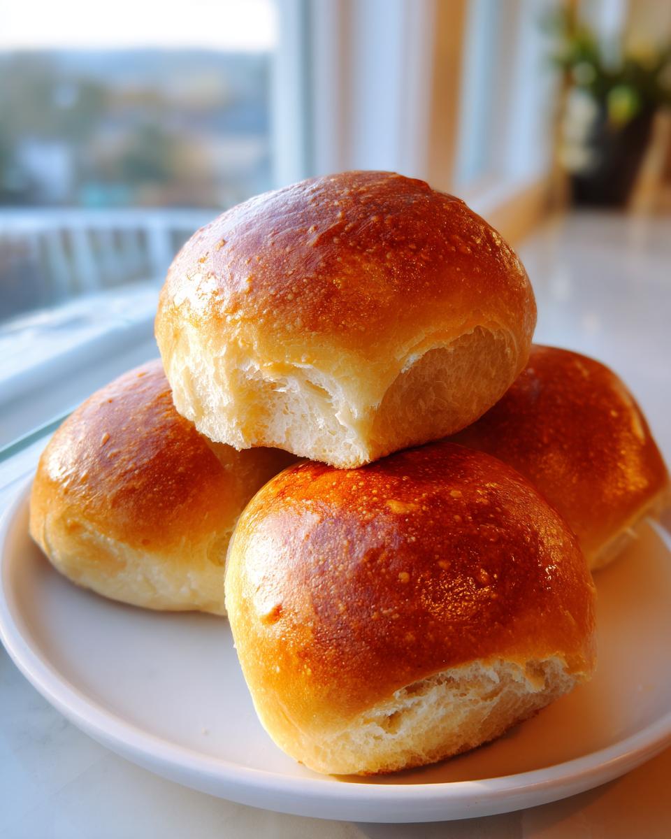 A stack of four golden-brown, fluffy sourdough dinner rolls with a shiny glaze on a white plate.