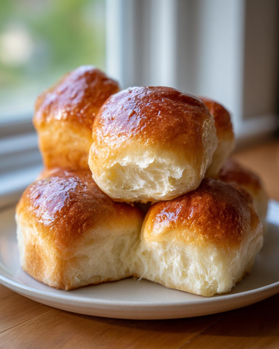 A stack of golden-brown, fluffy sourdough dinner rolls with a glossy top, resting on a light plate near a window.