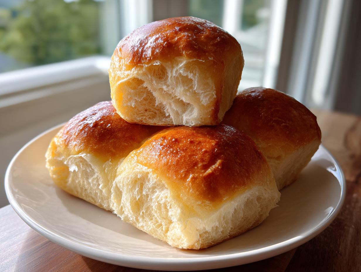 Four golden-brown, fluffy sourdough dinner rolls stacked on a white plate near a sunlit window.