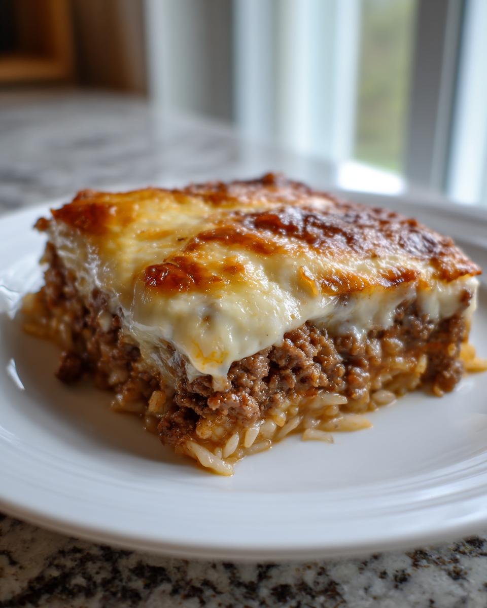 A close-up of a serving of french onion ground beef and rice casserole with a bubbly, browned cheese topping.