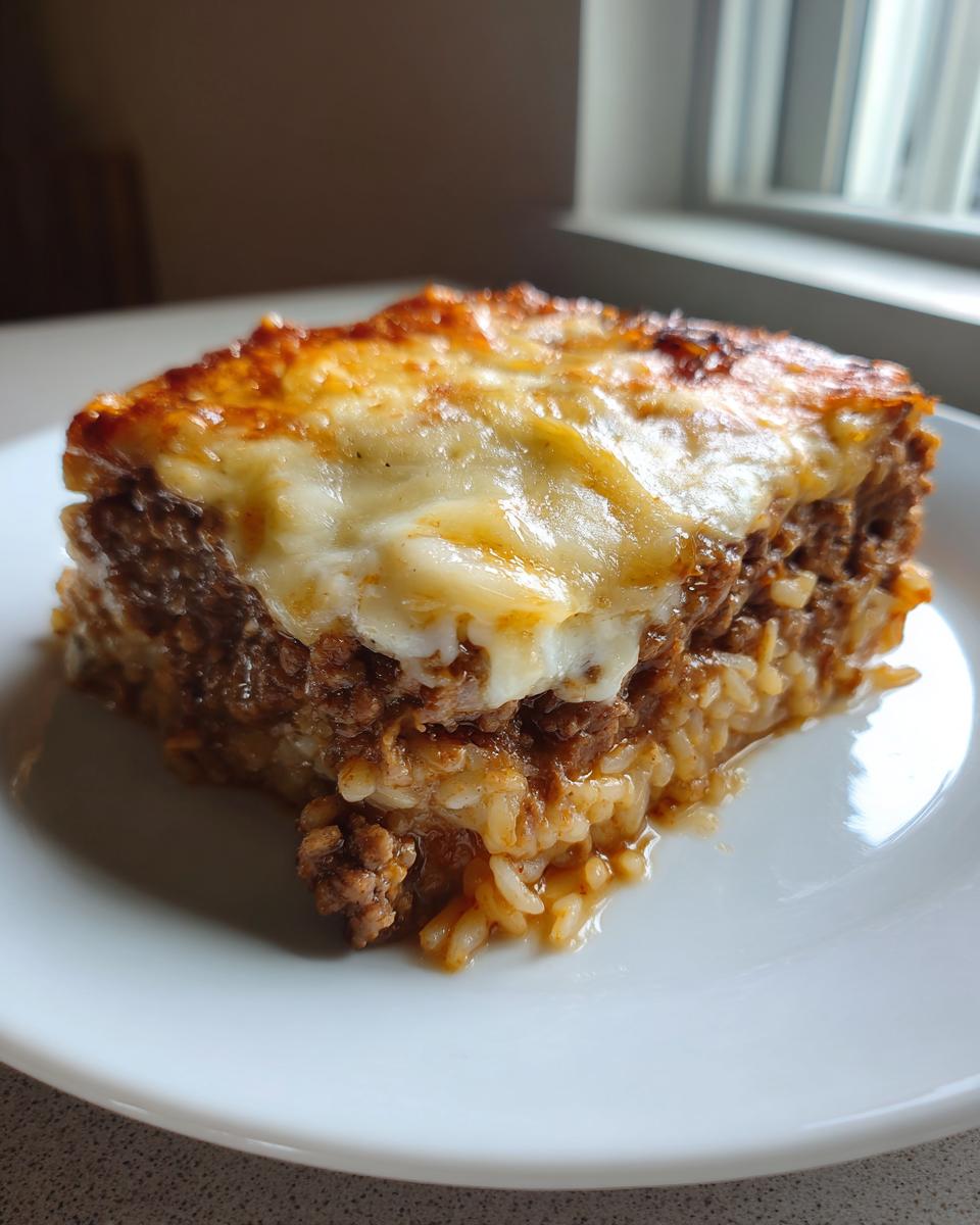 A square serving of french onion ground beef and rice casserole topped with melted, browned cheese on a white plate.
