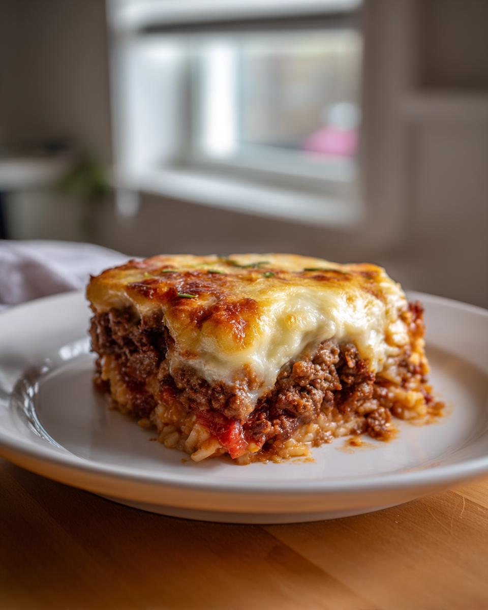 A square slice of french onion ground beef and rice casserole topped with melted, browned cheese on a white plate.