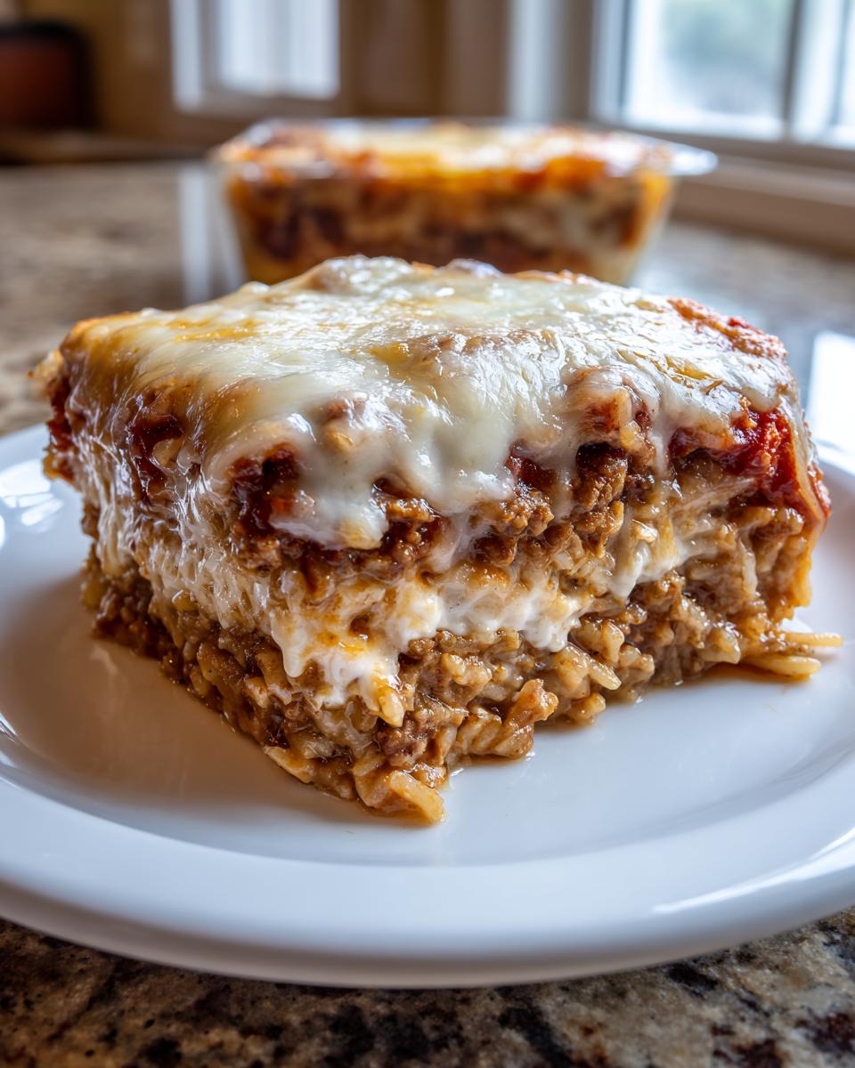 A close-up of a square serving of french onion ground beef and rice casserole topped with melted white cheese.