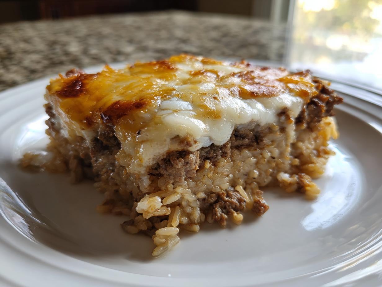 A square serving of french onion ground beef and rice casserole topped with melted, browned cheese.