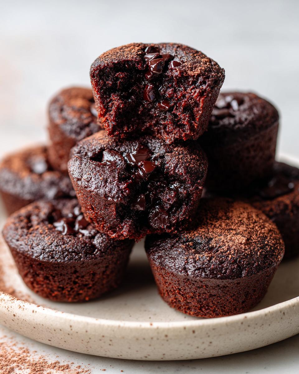 Stack of rich, fudgy black bean brownie bites dusted with cocoa powder, showing melted chocolate chips inside.