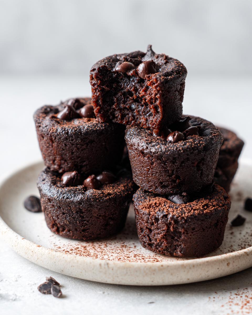 A stack of rich, dark black bean brownie bites topped with chocolate chips on a speckled plate.