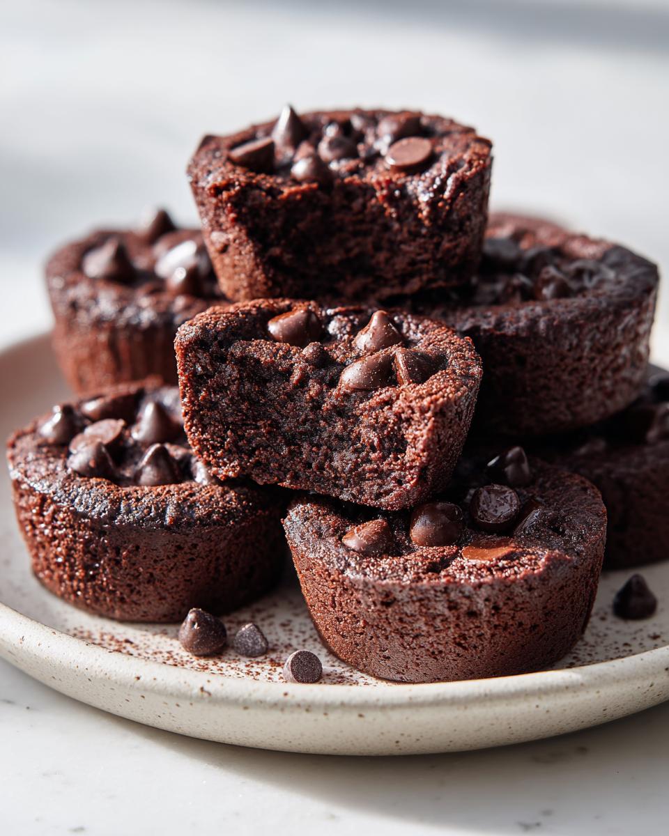 A stack of rich, dark chocolate black bean brownie bites topped with melted chocolate chips on a speckled plate.