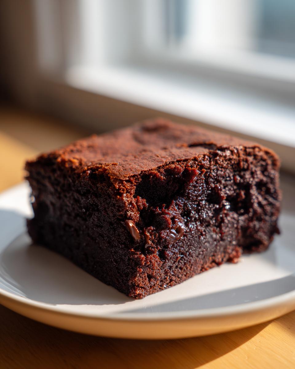 A close-up of a rich, dark, fudgy slice of black bean brownies no sugar on a white plate.