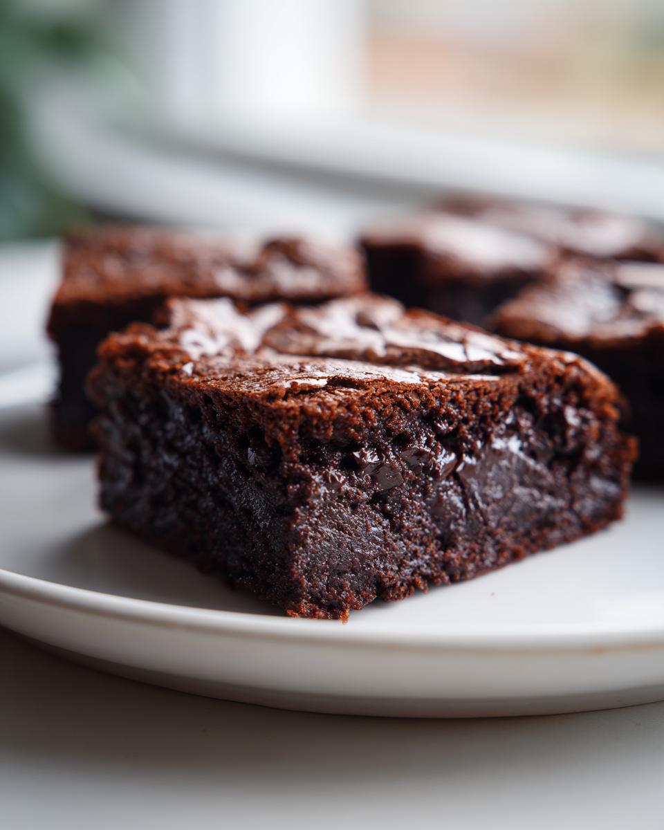 A close-up of a rich, fudgy square of black bean brownies no sugar on a white plate.