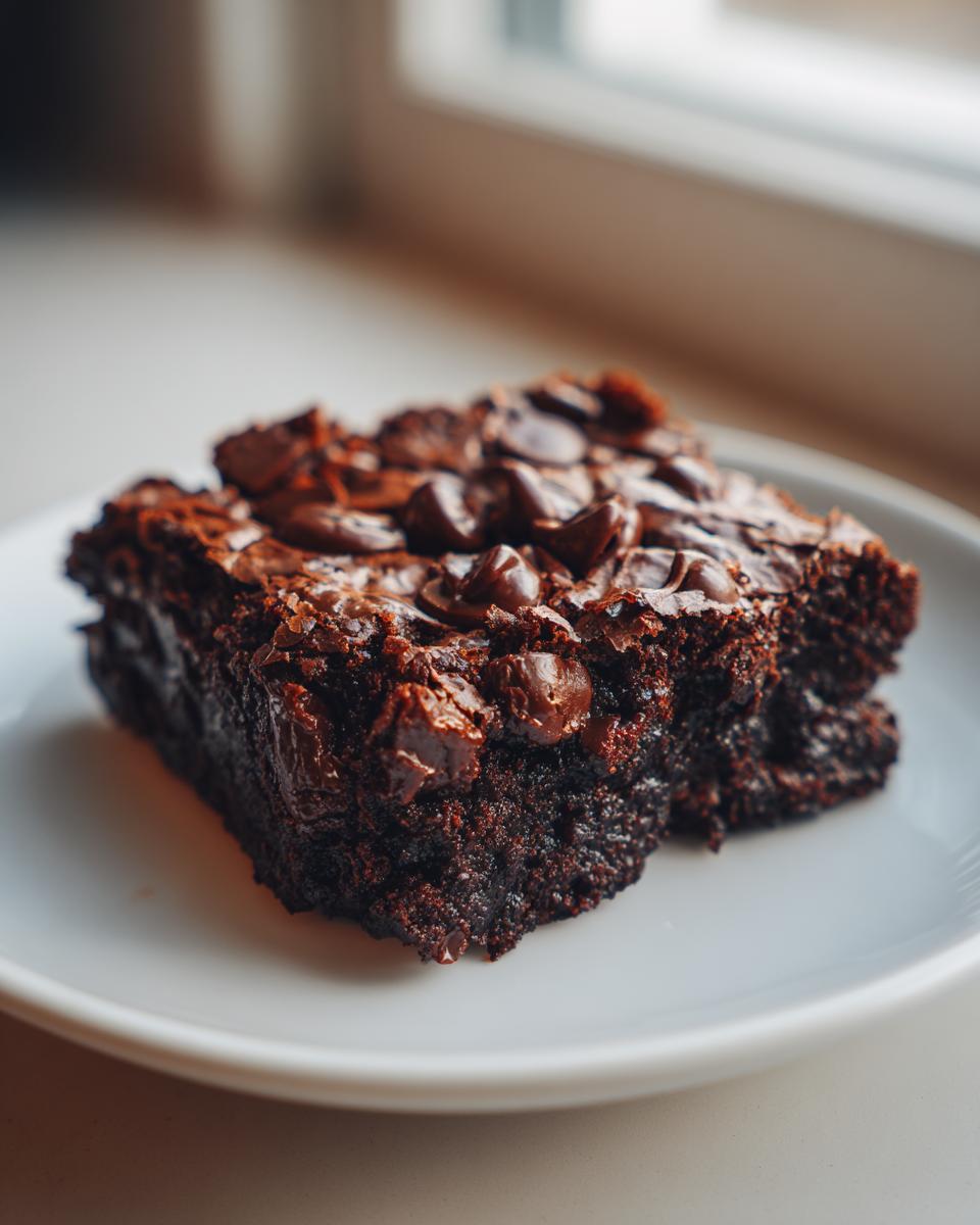A close-up of a rich, fudgy slice of black bean brownies topped with melted chocolate chips.