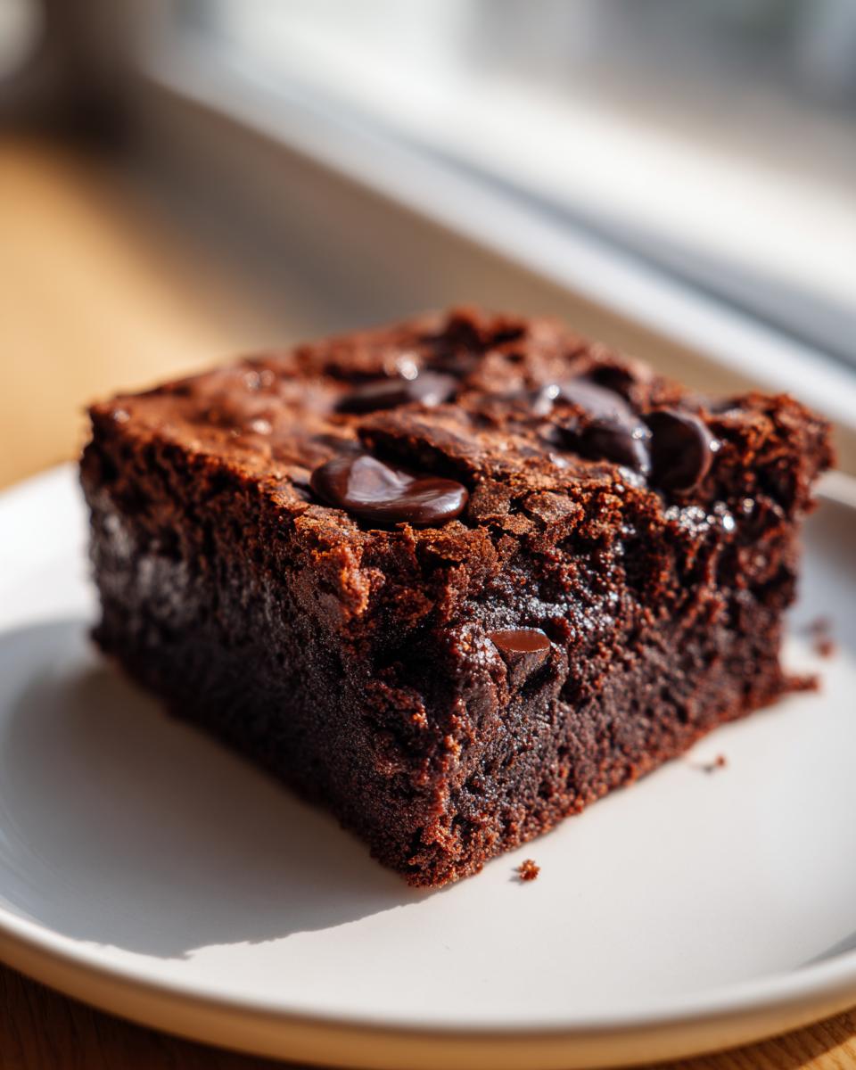 A close-up of a rich, fudgy slice of black bean brownies topped with melted chocolate chips, sitting on a white plate.