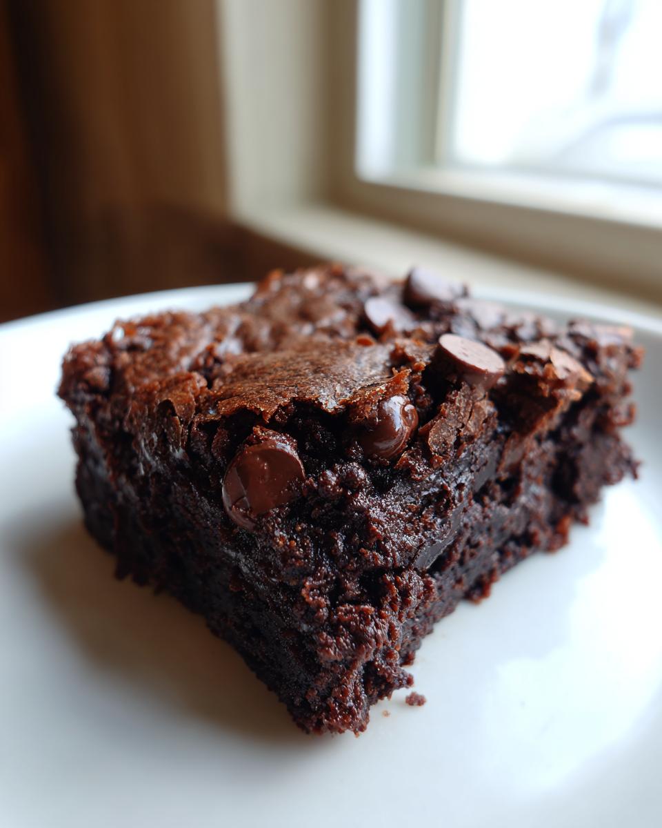Close-up of a rich, fudgy slice of black bean brownies topped with melted chocolate chips on a white plate.