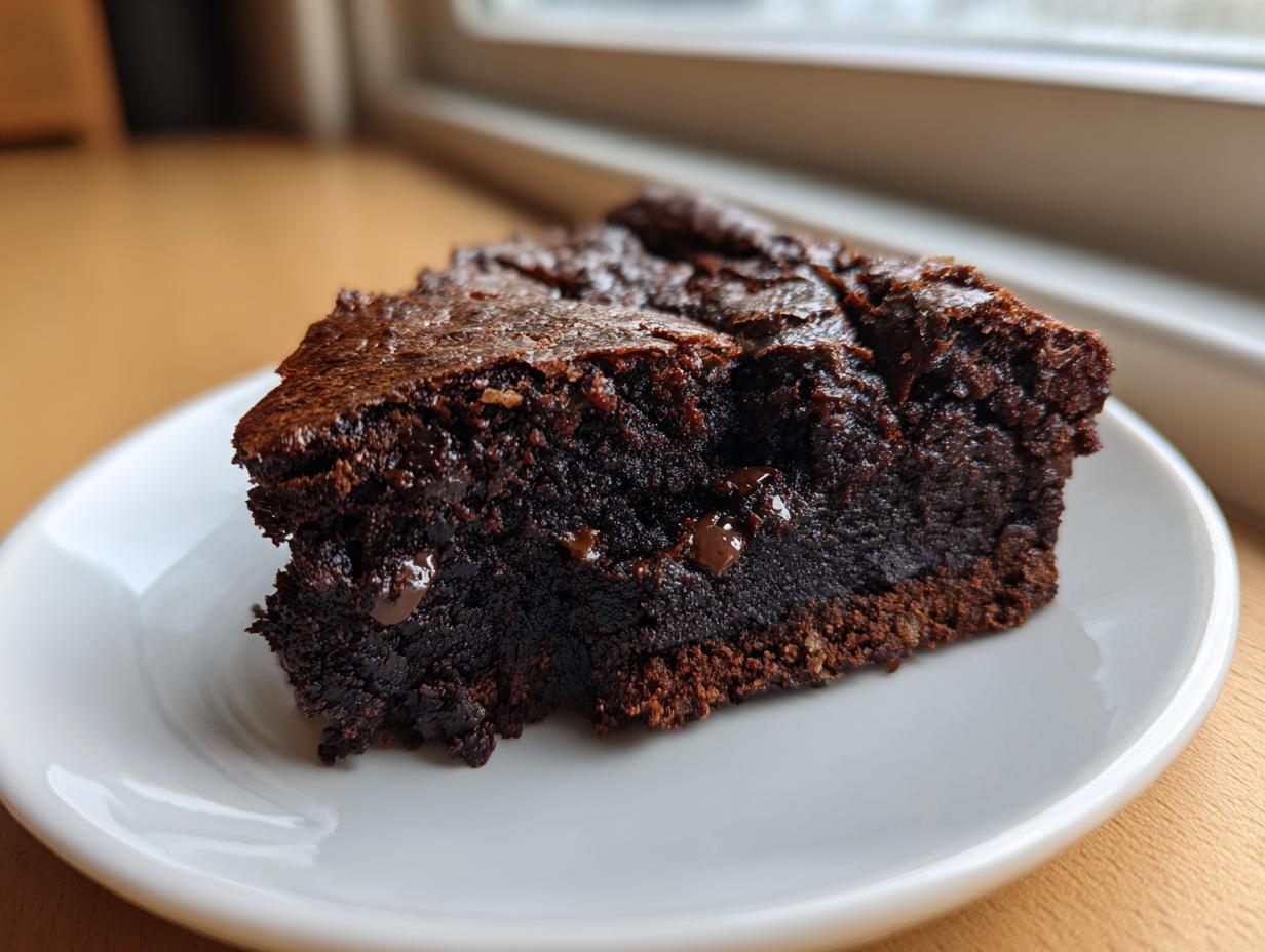 Close-up of a fudgy, dark chocolate slice of black bean brownies on a white plate.